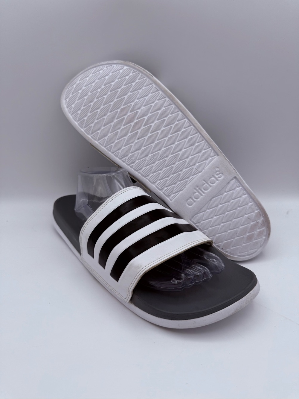 Men's Adidas Adilette Comfort Adjustable Slip-On White Gray Black Slides Size 14